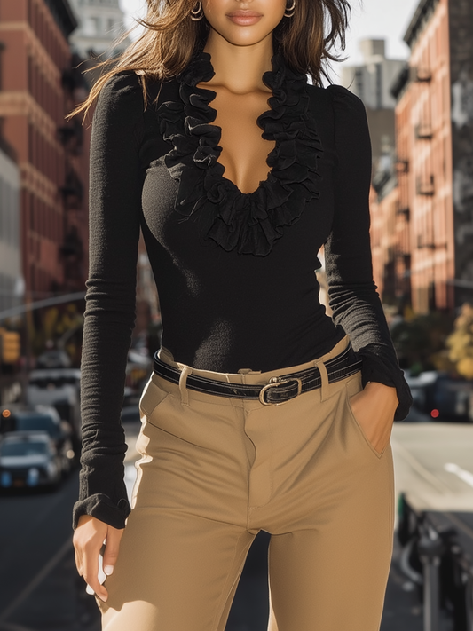 Black Ruffle Trim V-Neck Top - Long Sleeve Style