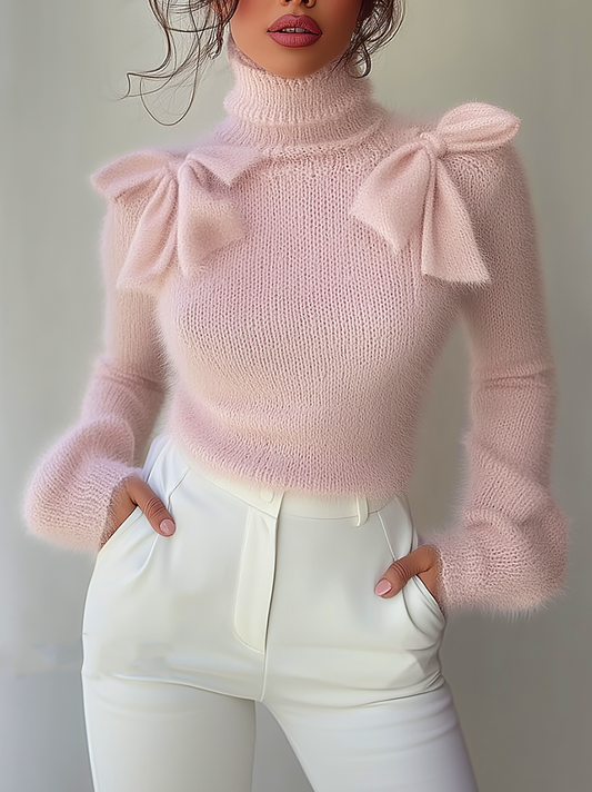 Chic Pink Turtleneck Sweater with Elegant Shoulder Bow Detail