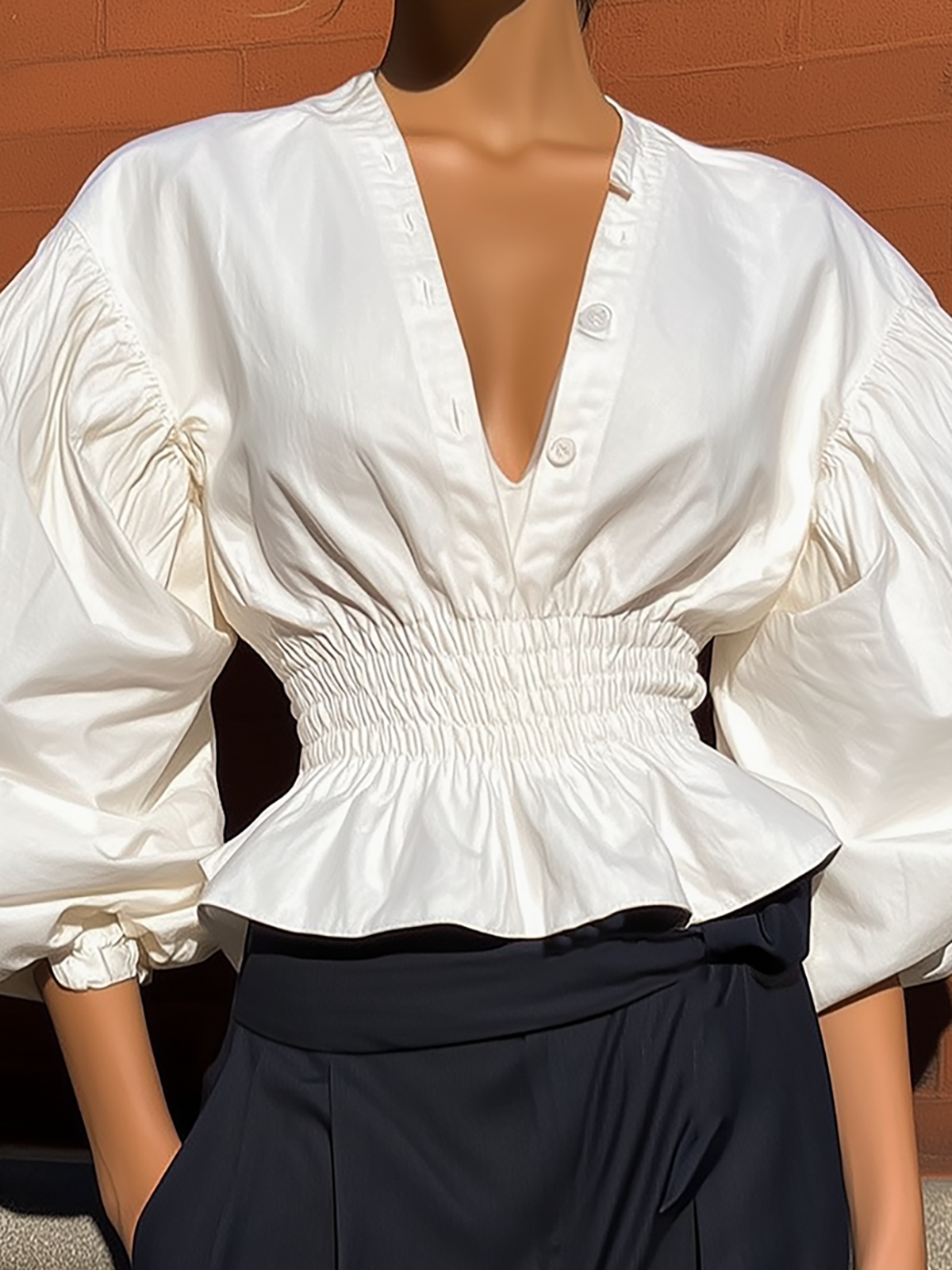 Elegant White V-Neck Blouse with Voluminous Puff Sleeves
