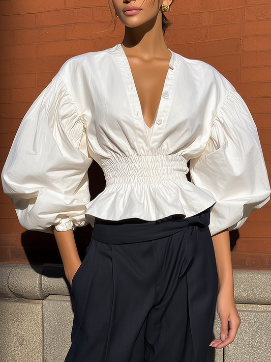 Elegant White V-Neck Blouse with Voluminous Puff Sleeves