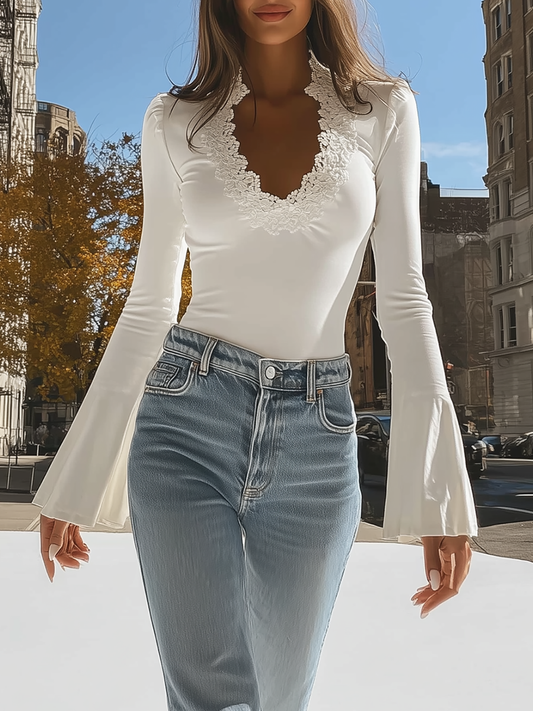 White V-Neck Top with Elegant Lace Trim & Bell Sleeves