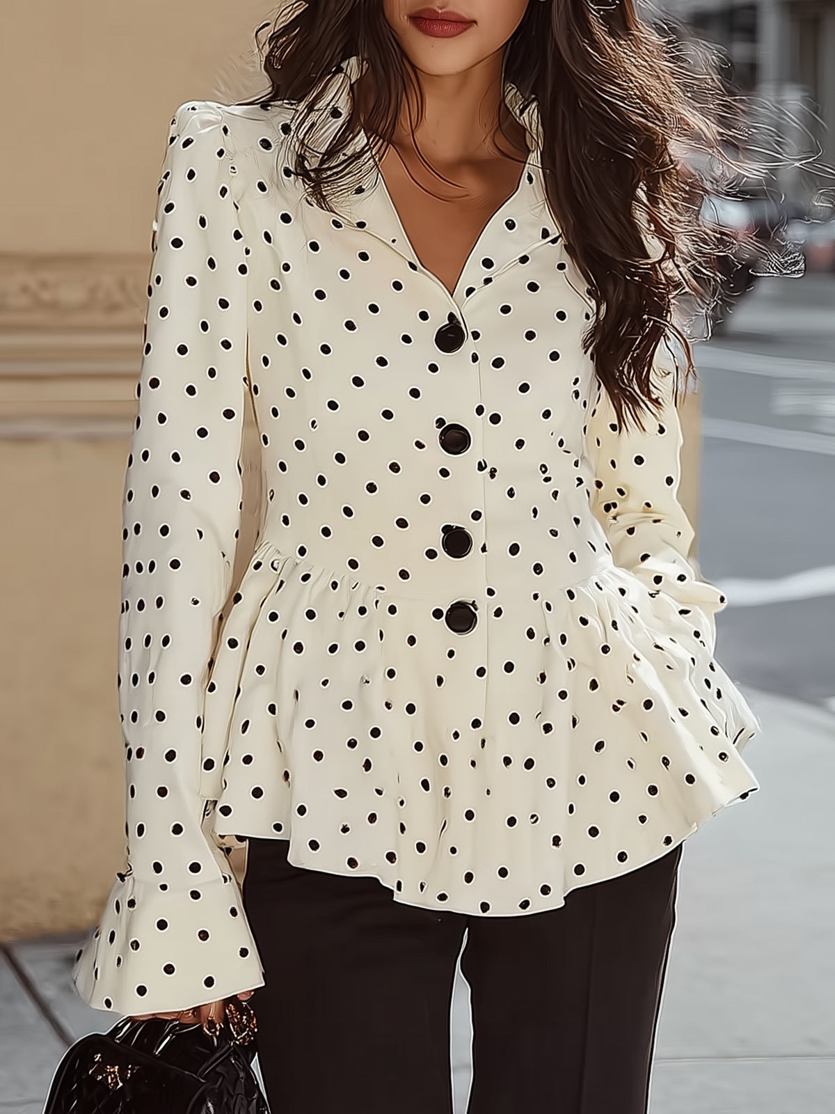 French Vintage Polka Dot Top - Ruffled Hem & Fitted Waist - Quari Shop