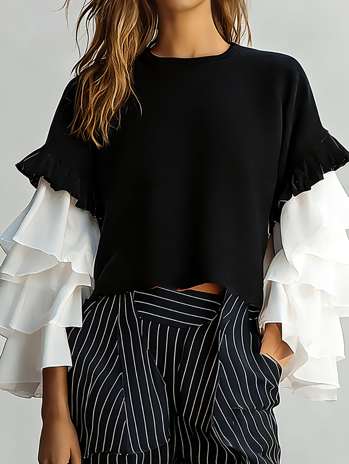 Black Crop Top with Elegant White Tiered Ruffle Sleeves