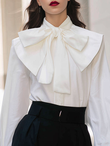 Chic Vintage White Shirt - Large Bow Tie & Stand-up Collar