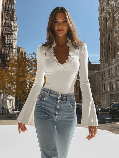White V-Neck Top with Elegant Lace Trim & Bell Sleeves