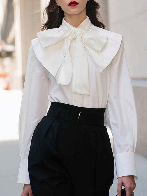 Chic Vintage White Shirt - Large Bow Tie & Stand-up Collar